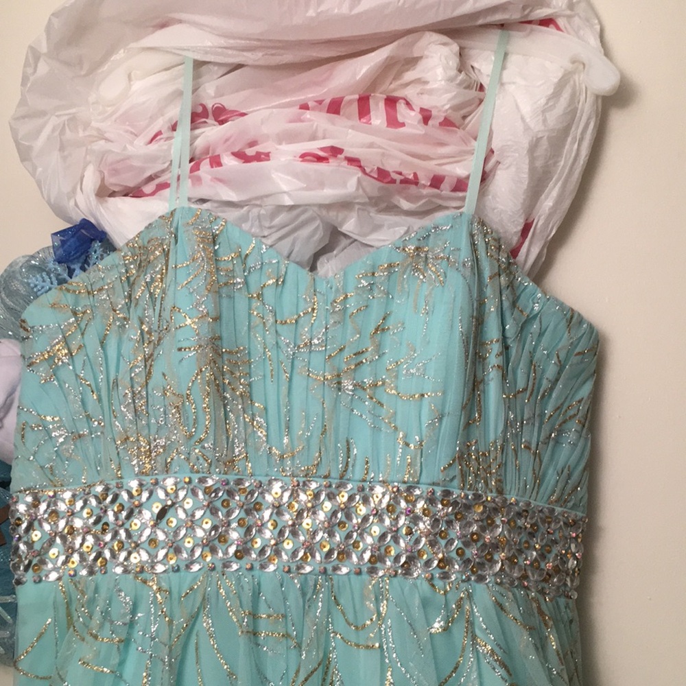Teal silver and gold prom dress